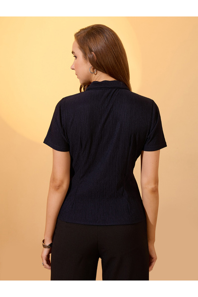 Globus By Styli Navy Textured Notch Lapel Workwear Shirt