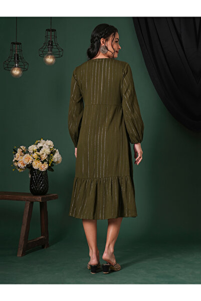 Globus By Styli Olive Embroidered Shimmer Festive Midi Dress