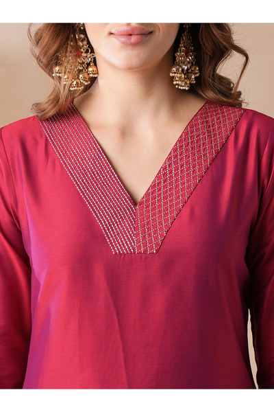 Globus By Styli Women Pink Gold Zari Embroidered Straight Kurta and Pants Set