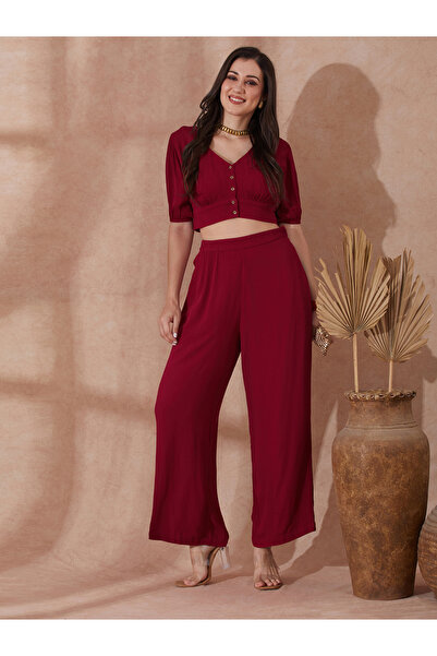 Globus By Styli Red Button Detail Crop Top and Wide Leg Trousers Co-Ords