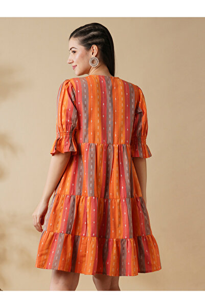 Globus By Styli Orange Striped V Neck Knee Length Dress