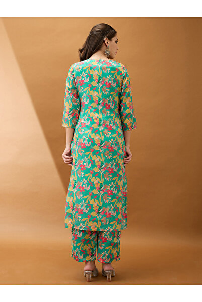 Globus By Styli Women Green Floral Printed Straight Kurta with Pant Set