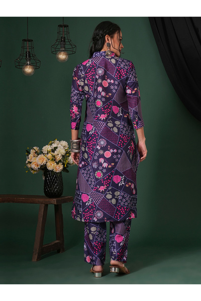 Globus By Styli Women Purple Shirt Collar Straight Kurta and Pants Set