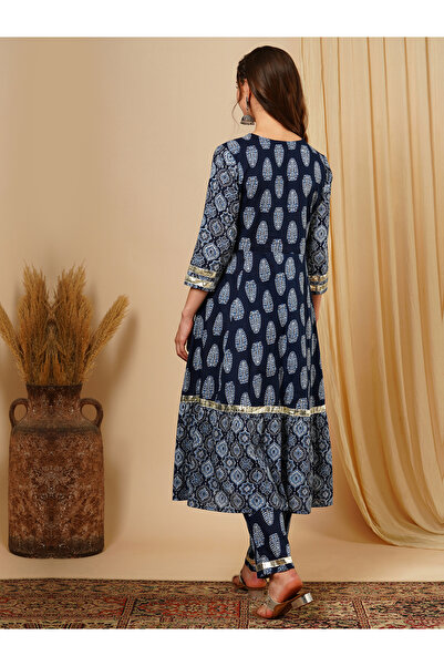 Globus By Styli Blue Ethnic Motif Wrap Kurta and Straight Trousers Festive Set