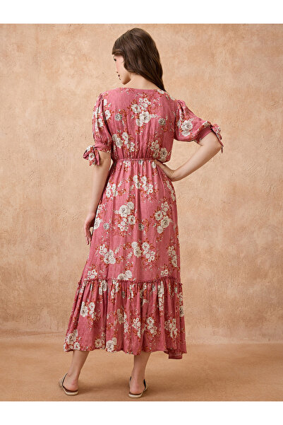 Globus By Styli Pink Floral Print Fusion Midi Dress