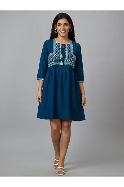 Globus By Styli Teal Embroidered Mini Dress