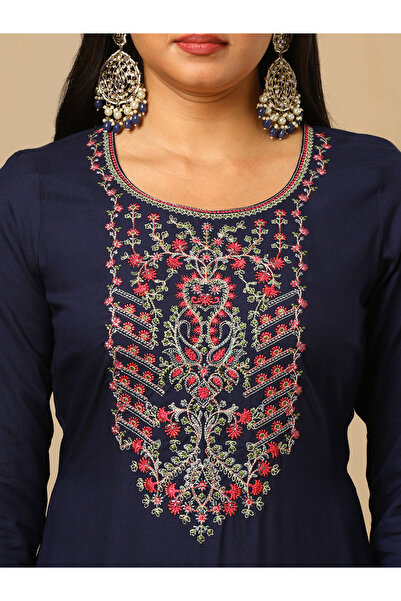 Globus By Styli Navy Embroidered Yoke Kurta, Pants and Bandhani Print Dupatta Set