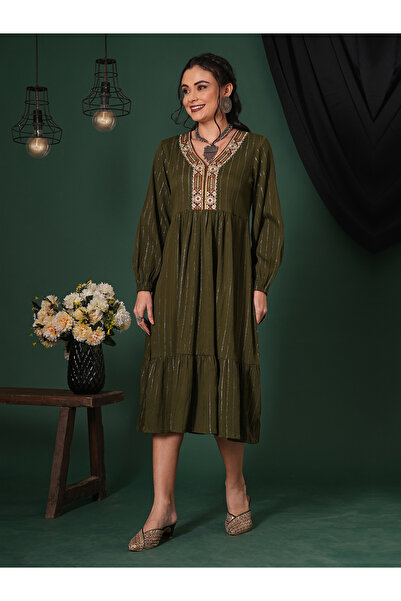 Globus By Styli Olive Embroidered Shimmer Festive Midi Dress