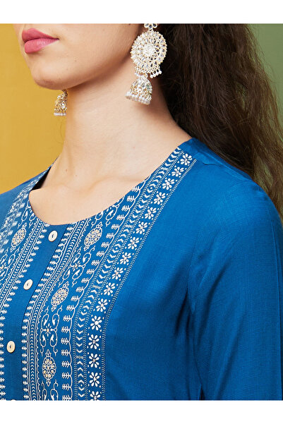 Globus By Styli Blue Yoke Printed Round Neck Kurta and Trousers Set