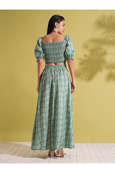 Globus By Styli Green Smocked Crop Top and Maxi Skirt Fusion Co-Ords