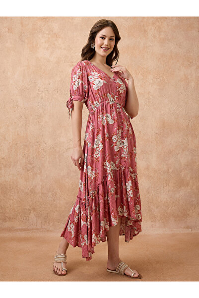 Globus By Styli Pink Floral Print Fusion Midi Dress