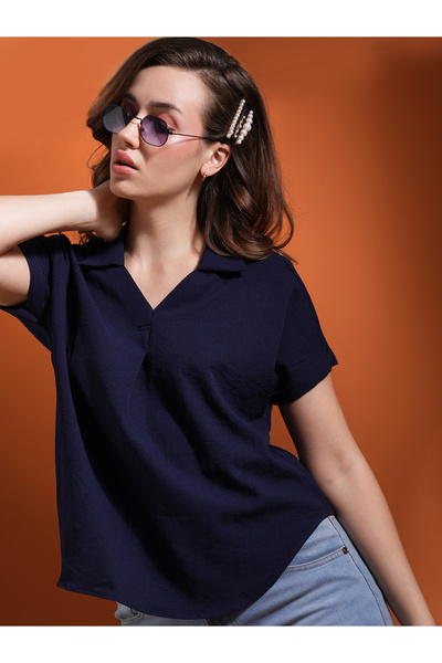 Globus By Styli Navy Blue Open Collar Workwear Shirt