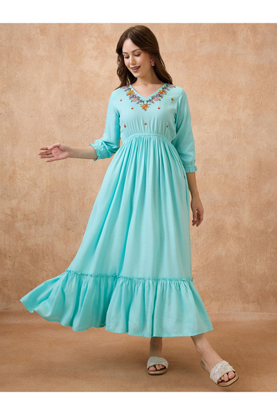 Globus By Styli Turquoise Floral Embroidered Yoke Maxi Fusion Dress