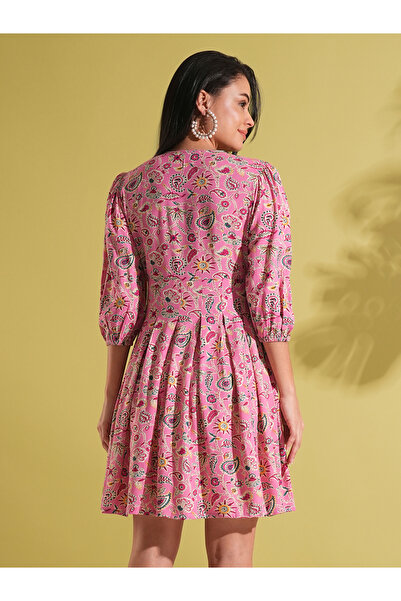 Globus By Styli Pink Paisley Print Pleated Fusion Mini Dress