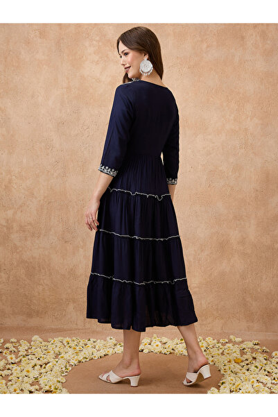 Globus By Styli Navy Embroidered Yoke Alia Cut Ethnic Midi Dress