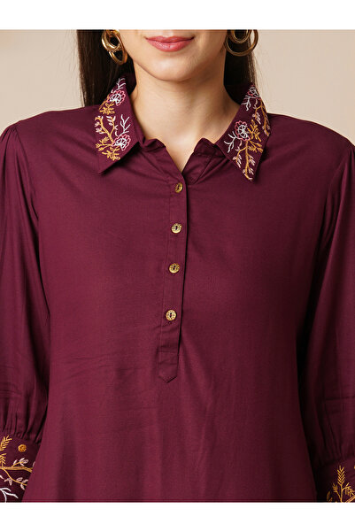 Globus By Styli Burgundy Embroidered Shirt and Pants Fusion Co-Ords