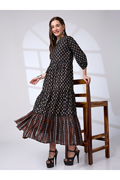 Globus By Styli Black Cotton Ethnic Print Workwear Maxi Dress