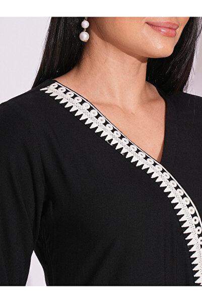 Globus By Styli Black Embroidered Detail A-Line Kurta and Pants Workwear Set