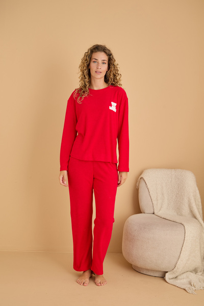 Siyah İnci Red Embroidered Towel Fabric Knitted Pajama Set25226007