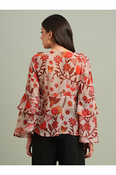 Globus By Styli Red Floral Ruffle Detail Georgette Top