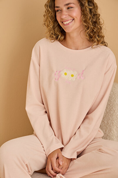 Siyah İnci Pink Embroidered Towel Fabric Knitted Pajama Set25226008