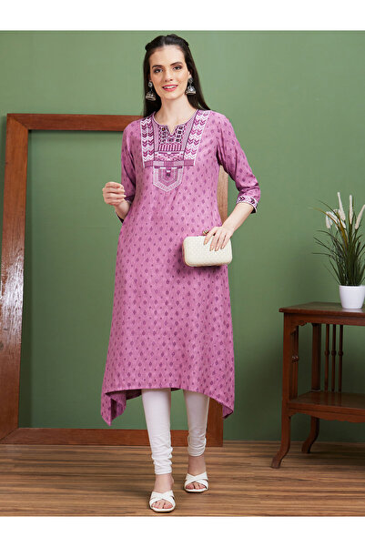 Globus By Styli Purple Embroidered Yoke Round Neck Casual Kurta