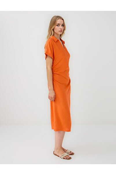 Jimmy Key Nar Pembesi Gömlek Yaka Kısa Kollu Keten Karışımlı Midi Elbise