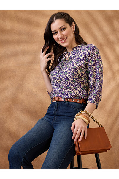 Globus By Styli Blue Tie-Up Neck Ethnic Print Workwear Tunic