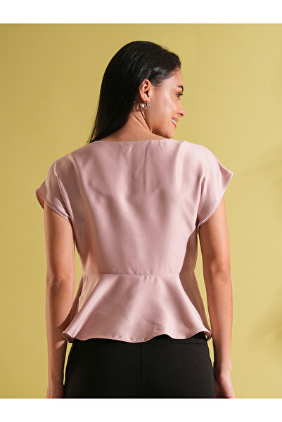 Globus By Styli Pink Satin Peplum Workwear Top