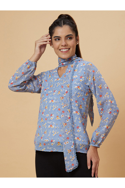 Globus By Styli Blue Floral Print Tie-Up Neck Top
