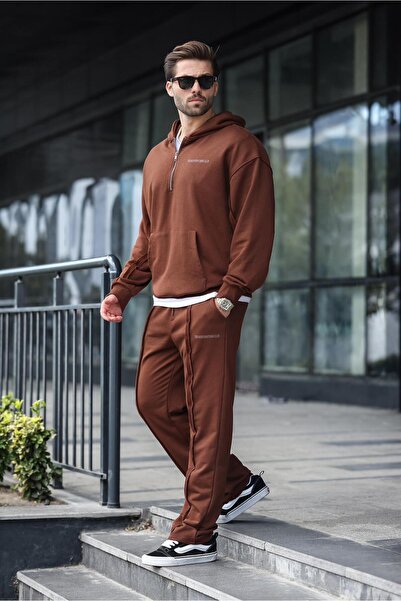Madmext Ανδρικό σετ αθλητικής φόρμας με κουκούλα με μισό φερμουάρ Bitter Brown E7332