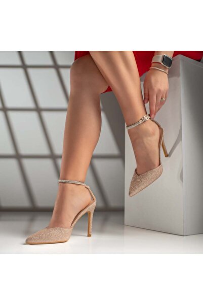 Modlet.ro Women's dark gold glitter thin-heeled shoes with ankle strap MOD09398