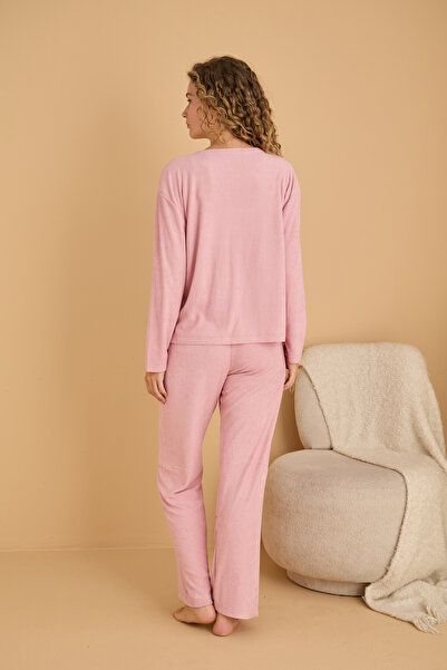 Siyah İnci pembe Nakışlı Havlu Kumaş Örme Pijama Takım25226006