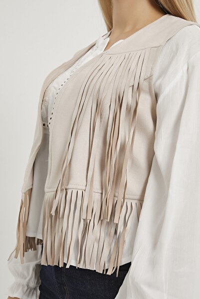 Arma Life Women's Western Suede Tasseled Cream Crop Short Vest