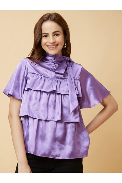 Globus By Styli Purple Layered Frill Sleeves Satin Blouse