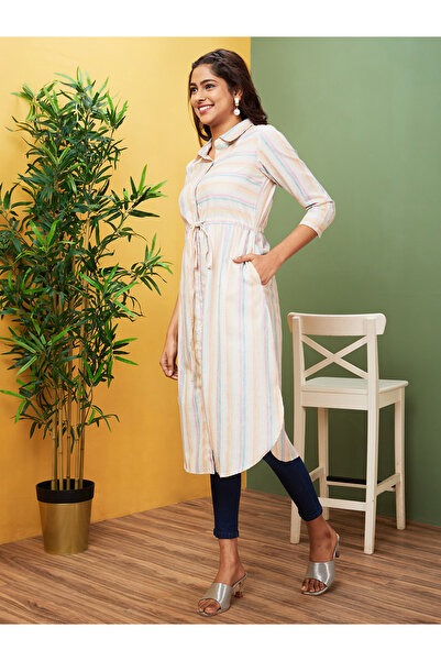 Globus By Styli Women Striped Shirt Collar Regular Kurta