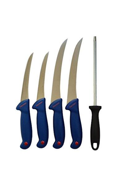 Globalport Retail Set 4 Professional Butcher Knives + 20 cm Round Sharpening Steel – Stainless Steel, Ergonomic Blue