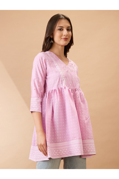 Globus By Styli Pink Ethnic Print Sequined Detail Tunic