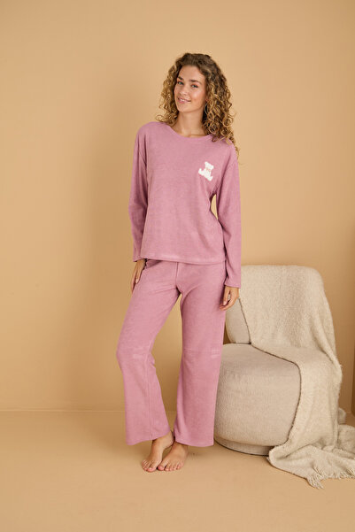 Siyah İnci Pink Embroidered Towel Fabric Knitted Pajama Set25226007