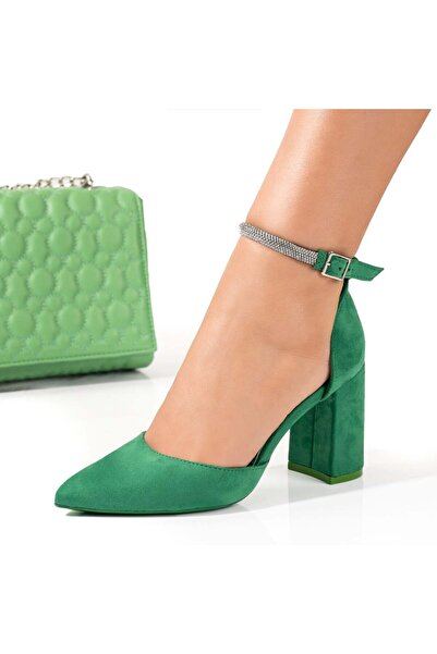 Modlet.ro Women's green suede heeled shoes with rhinestone strap MOD08564