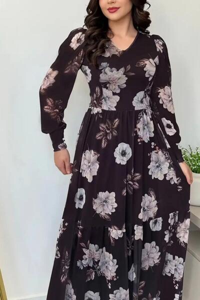 Mossta Long Sleeve V-Neck Single Jersey Floral Print Dress - Black