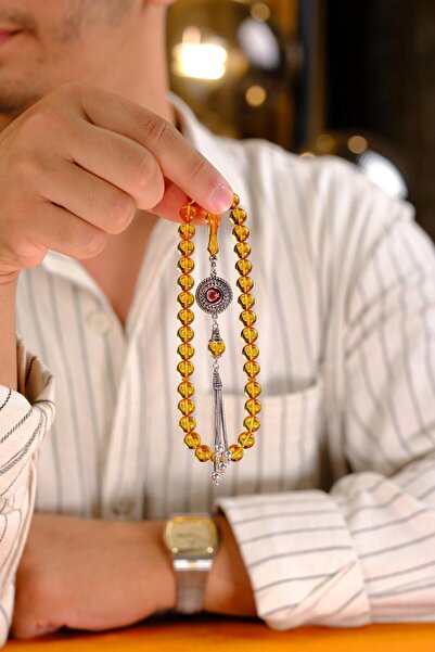 dergah tesbih Silver Crescent and Star Design Yellow Fire-I Amber Prayer Beads
