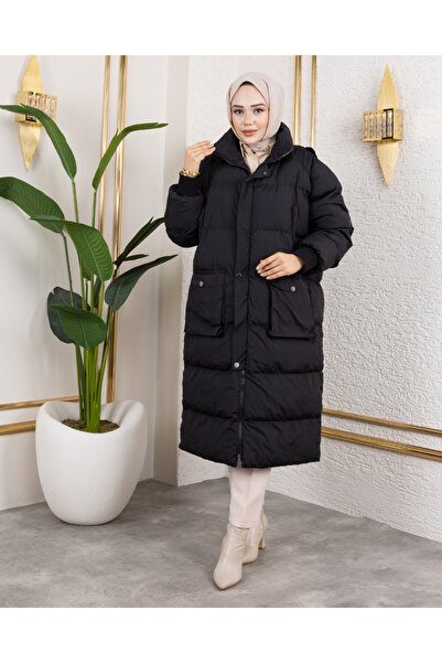 Hb Harma Time Butik Palton lung negru pentru femei, cu glugă, cu buzunare cu ...