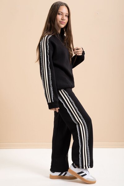 Cansın Mini Μαύρο σετ φόρμας με κουκούλα για κορίτσια με 3 κλωστές, λουράκια και λεπτομέρεια από δαντέλα 22719