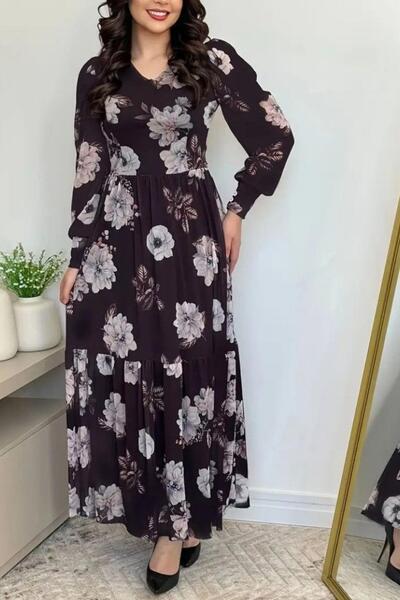 Mossta Long Sleeve V-Neck Single Jersey Floral Print Dress - Black