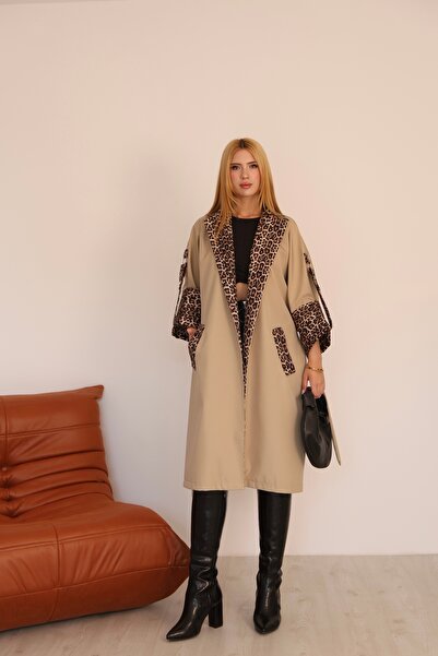 QUBERZ Kadın Uzun Trençkot – Siyah, Vizon, Kahve, Bej & Leopar Detaylı Mevsimlik Kap
