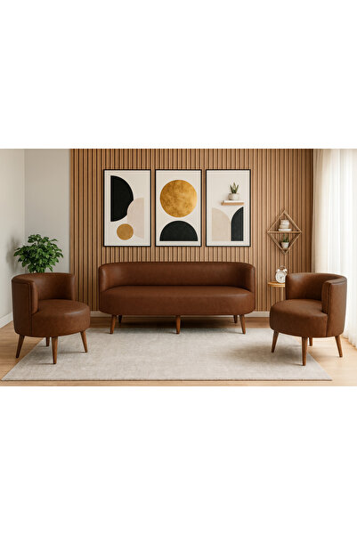 Azra Mobilya Sydney Koltuk Takımı 3+1+1 | Dekoratif Modern Deri Koltuk Seti | Ofis ve Ev Kullanımı - ACI KAHVE