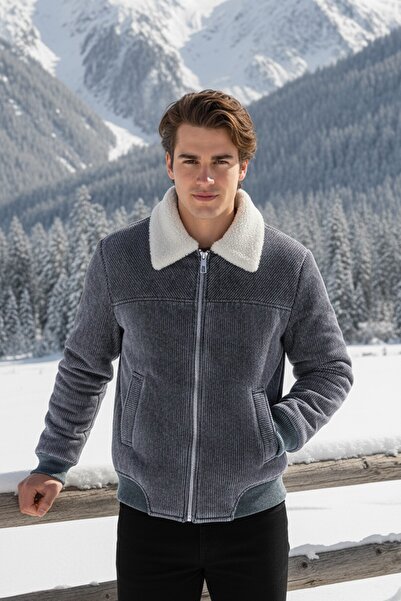 FAMODA Jachetă clasică pentru bărbați, cu fermoar, din catifea gri