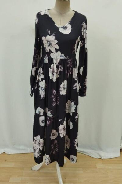 Mossta Long Sleeve V-Neck Single Jersey Floral Print Dress - Black