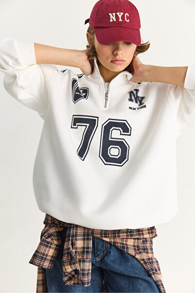 Bianco Lucci Kadın Üç İplik Uzun Kollu Yarım Fermuarlı Dik Yaka Baskılı Sweatshirt 10011 60283562